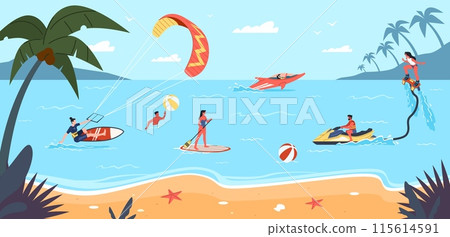 Sea swimming activities. Extreme beach activity, summer holidays, happy people sunbathe and engage in water sports, surfing, flyboarding and wakeboarding nowaday vector cartoon flat concept 115614591
