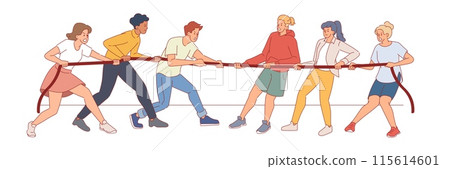 Tug of war. Confrontation between two people groups, rivalry and business competition, guys and girls pulling opposite ends rope, teamwork game, conflict symbol, vector cartoon flat concept Tug of war. Confrontation between two people groups, rivalry and business competition, guys and girls pulling opposite ends rope, teamwork game, conflict symbol, vector cartoon flat concept 115614601