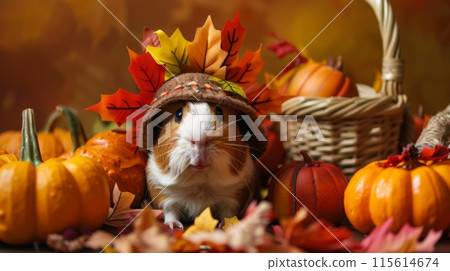 A cute guinea pig is dressed as a Thanksgiving turkey, surrounded by pumpkins and fall leaves 115614674