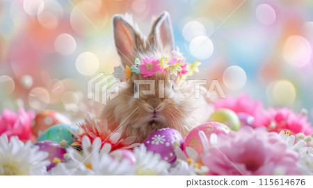 A fluffy, white rabbit wearing a floral headband sits in a bed of colorful flowers and eggs 115614676