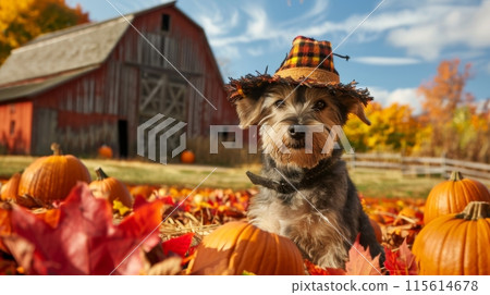 A small dog, wearing a scarecrow costume, sits in a pumpkin patch with autumn leaves and pumpkins 115614678