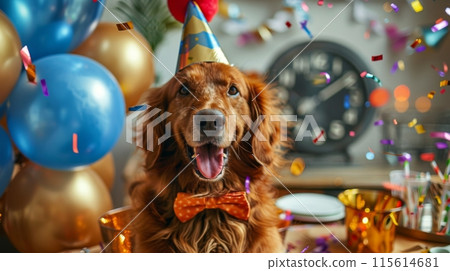 A Golden Retriever dog wearing a festive party hat and bow tie, celebrating New Years Eve 115614681