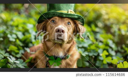 A brown dog wearing a green leprechaun hat and a shamrock-shaped collar sits in a patch of leaves 115614686