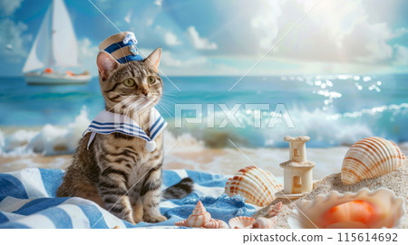 A cute tabby cat wearing a sailor costume sits on a beach towel in front of a sunny ocean 115614692