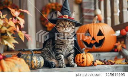 A tabby cat is dressed as a witch for Halloween, wearing a black pointed hat and cape. 115614693