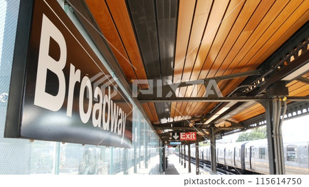 New York subway station Broadway text sign. Metropolitan platform, United States public metro, Queens New York subway station Broadway text sign. Metropolitan platform, United States public metro, Queens 115614750