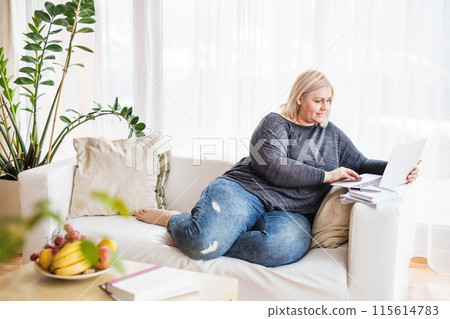 Overweight woman working on laptop from homeoffice, sitting on sofa, making video call. 115614783