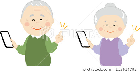 Senior men and women operating smartphones 115614792