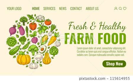 Fresh and healthy farm food, vegetables icons, round form. Order organic, natural veggies, product home delivery. Landing page vector template for website, web, grocery, online store, farmer market. Fresh and healthy farm food, vegetables icons, round form. Order organic, natural veggies, product home delivery. Landing page vector template for website, web, grocery, online store, farmer market. 115614955