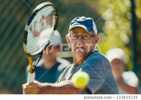 Active elderly man focused on hitting a tennis ball during a match on a sunny day Active elderly man focused on hitting a tennis ball during a match on a sunny day 115615135