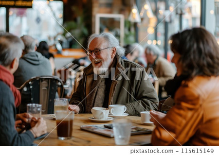 Elderly gentleman laughing in a lively conversation with friends over coffee in a cozy cafe setting Elderly gentleman laughing in a lively conversation with friends over coffee in a cozy cafe setting 115615149