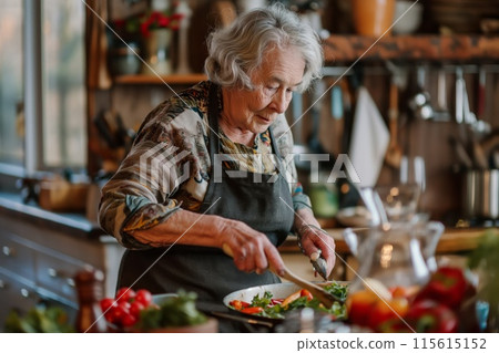 Elderly lady focused on cutting vegetables for a nutritious dinner at home 115615152