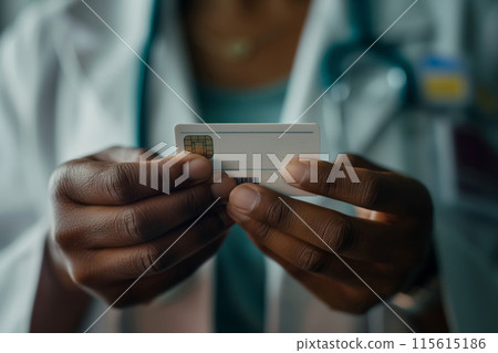 Detailed view of a medical worker's hands presenting an identification card 115615186