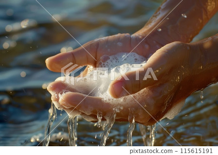 Close-up of hands scooping up water, with the golden light of sunset creating a serene atmosphere Close-up of hands scooping up water, with the golden light of sunset creating a serene atmosphere 115615191