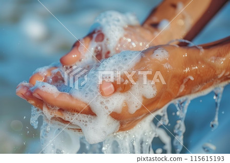 Close-up of hands being washed with soap and water, hygiene concept 115615193