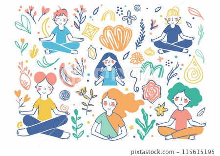 Artistic representation of different people enjoying yoga among stylized nature elements 115615195