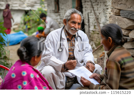 Elderly male doctor engaged in a focused conversation with patients in a rural setting 115615220