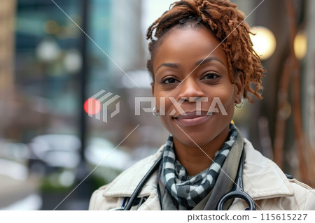 Smiling African American female doctor with a stethoscope, posing outdoors 115615227