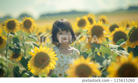 A girl standing in a sunflower field - Stock Illustration [115615260 ...