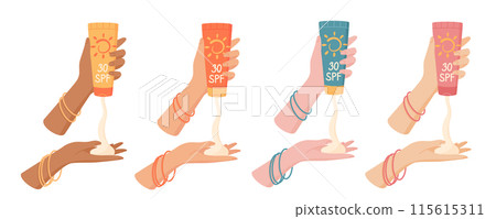 Isolated hands hold sunblock lotion pack set, vector woman character with uv block oil tube or sun screen moisturizer product, cartoon hand holds skin protection cream container or spf cosmetic bottle Isolated hands hold sunblock lotion pack set, vector woman character with uv block oil tube or sun screen moisturizer product, cartoon hand holds skin protection cream container or spf cosmetic bottle 115615311