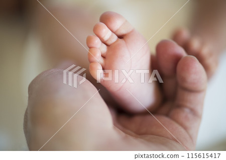 Parent holding small feet of little baby lying on bed. Parent holding small feet of little baby lying on bed. 115615417