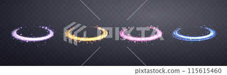 Glowing magic rings set. Neon realistic energy flare rings with sparkling particles. Abstract light effect on a dark transparent background. Vector illustration. 115615460