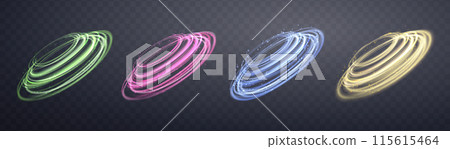 Glowing magic rings set. Neon realistic energy flare rings with sparkling particles. Abstract light effect on a dark transparent background. Vector illustration. Glowing magic rings set. Neon realistic energy flare rings with sparkling particles. Abstract light effect on a dark transparent background. Vector illustration. 115615464