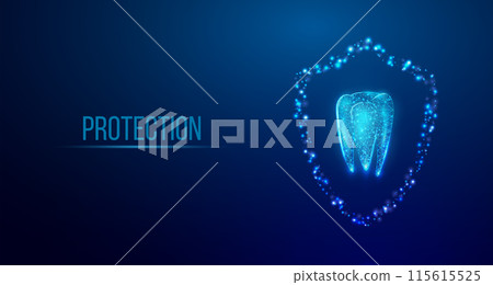 Tooth. Abstract wireframe low poly style banner. Dentistry services, teeth treatment, dental care, stomatology concept. Dark blue background. Vector illustration. 115615525