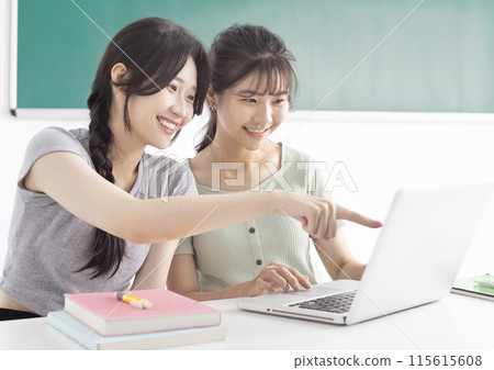 Two students studying together and watching the laptop 115615608