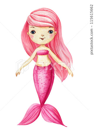 Little pink girl mermaid watercolor, mermaid cartoon illustration. Mermaid princess with fish Tail, mythical creatures Little pink girl mermaid watercolor, mermaid cartoon illustration. Mermaid princess with fish Tail, mythical creatures 115615662