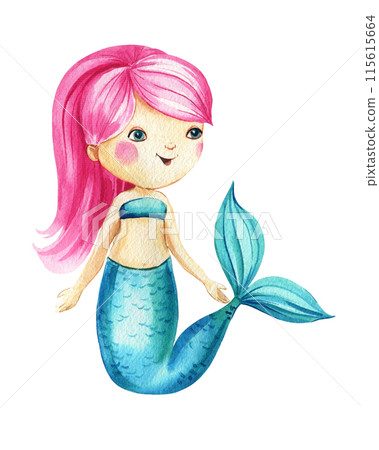 Little girl mermaid watercolor, cute mermaid cartoon illustration. Mermaid princess with fish Tail, mythical creatures 115615664
