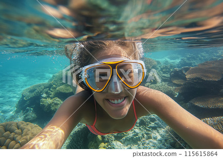 Cheerful young woman enjoying snorkeling over a vibrant coral reef, with a selfie point of view 115615864