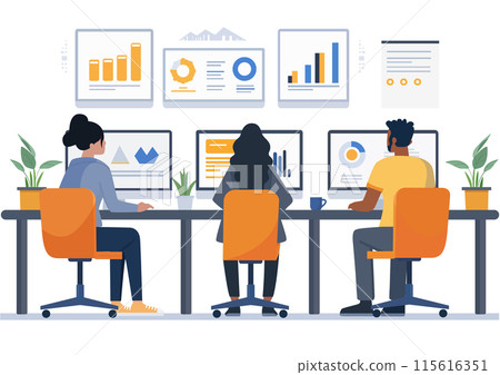 Business work and planning company. Office people with business plan flat design vector illustration. Success, teamwork concept for banner. Business work and planning company. Office people with business plan flat design vector illustration. Success, teamwork concept for banner. 115616351
