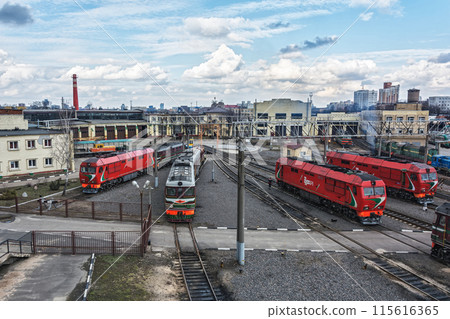Belarus, Minsk - 20.03.2017: Diesel locomotives in the locomotive depot of the railway 115616365