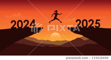 woman jumping over a cliff from 2024 to 2025 vector ilustration woman jumping over a cliff from 2024 to 2025 vector ilustration 115616449