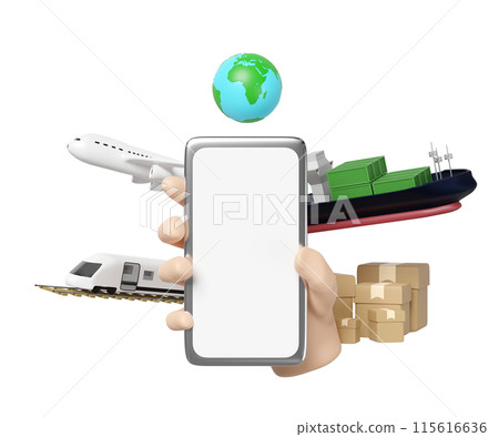 hands hold smartphone with globe, ship, plane, map isolated. service, transportation, air cargo trucking, maritime shipping, land transport, worldwide shipping concept, 3d render illustration hands hold smartphone with globe, ship, plane, map isolated. service, transportation, air cargo trucking, maritime shipping, land transport, worldwide shipping concept, 3d render illustration 115616636
