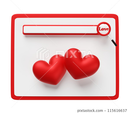 tablet with red double heart, magnifying glass, smartphone isolated. looking for a partner concept, 3d illustration render tablet with red double heart, magnifying glass, smartphone isolated. looking for a partner concept, 3d illustration render 115616637