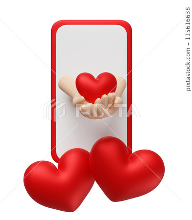 mobile phone, smartphone with hands hold red heart isolated. valentine's day, looking for a partner concept, 3d illustration render mobile phone, smartphone with hands hold red heart isolated. valentine's day, looking for a partner concept, 3d illustration render 115616638