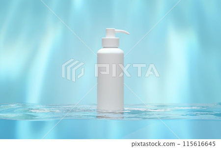 3d bottle for cosmetic lotion, foam, liquid soap, gel pump style isolated on blue background. hand sanitizer container, mock up template concept, 3d render illustration 115616645