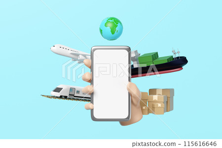 hands hold smartphone with globe, ship, plane, map isolated on blue. service, transportation, air cargo trucking, maritime shipping, land transport, worldwide shipping concept, 3d render illustration 115616646
