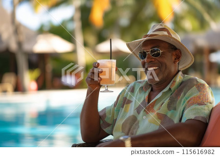 Cheerful elderly man with a hat smiling with a cocktail at a sunny poolside resort 115616982