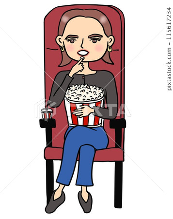 Illustration of a woman eating movie theater popcorn 115617234