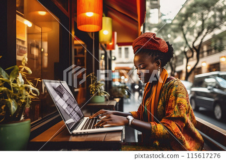 fashion african woman working remote on laptop in public place 115617276