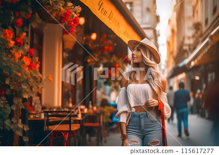 A woman in orange shorts is leisurely walking down a busy city street 115617277