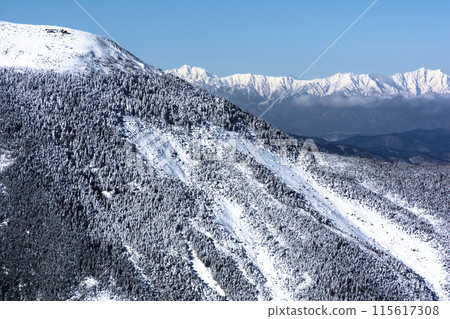 View of Mt. Tateshina from the summit of Mt. Kitayokodake in winter 115617308