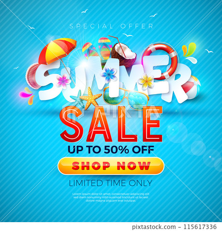 Summer Sale Design with Flower, Beach Holiday Elements and Paper Text Label on Blue Background. Tropical Floral Vector Illustration with Special Offer Typography for Coupon, Voucher, Banner, Flyer Summer Sale Design with Flower, Beach Holiday Elements and Paper Text Label on Blue Background. Tropical Floral Vector Illustration with Special Offer Typography for Coupon, Voucher, Banner, Flyer 115617336