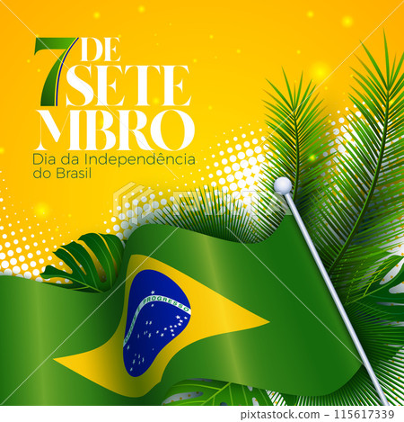 Brazil Independence Day Illustration with Brazilian Flag, Tropical Leaves and Typography Lettering on Green Background. 7th September National Celebration Vector Design for Banner, Greeting Card 115617339