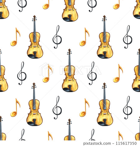 Musical seamless pattern with violins and notes. The watercolor illustration is made by hand. For textiles, packaging paper, printing and more. 115617350