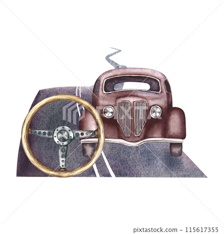 Asphalt road, retro car and steering wheel. The illustration is done in watercolor by hand. Sticker for drivers. Designed for making flyers, banners and postcards. For invitations, posters and prints. 115617355