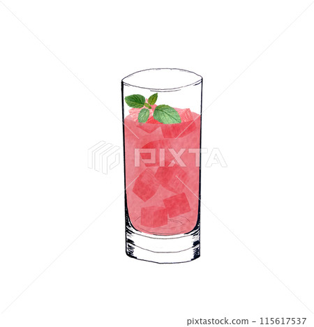 A glass with watermelon cubes, pink juice and mint. Watercolor, ink art isolated on white background, hand drawn for food design. Great for juice, smoothie, menu, organic food, logo decor and design 115617537